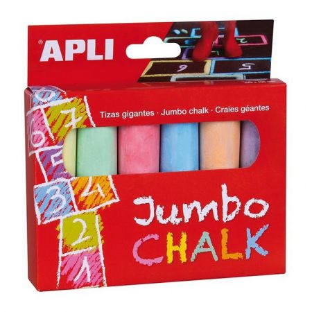 Apli Tizas Redondas Jumbo de Colores Surtidos - Tamaño Ø 25 x 105mm - Fabricadas con Sulfato de Calcio Bajo en Residuo - Ideales para Escribir, Dibujar y Colorear en Pizarras y Pavimentos - Aptas para Uso Escolar