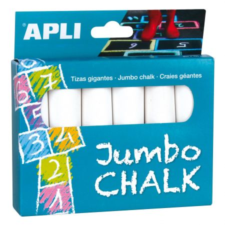 Apli Pack de 6 Tizas Redondas Jumbo - Tamaño Ø 25 x 105mm - Sulfato de Calcio Bajo en Residuo - Aptas para Uso Escolar - Color Blanco
