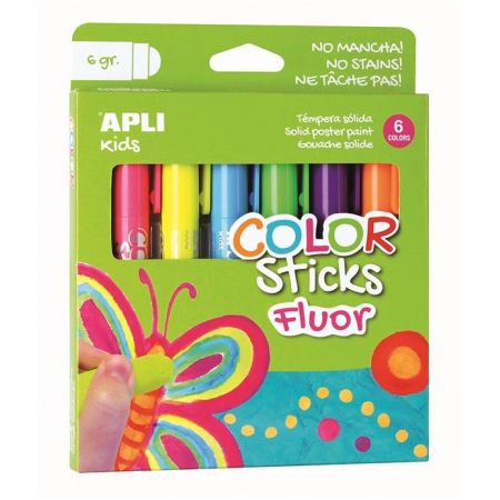 Apli Color Sticks Temperas Solidas Fluorescentes - Pack 6 Unidades de 6g - Acabado Satinado sin Necesidad de Barniz - Secado Rapido en Menos de 3 Minutos - Efecto Cera o Tempera Segun la Presion
