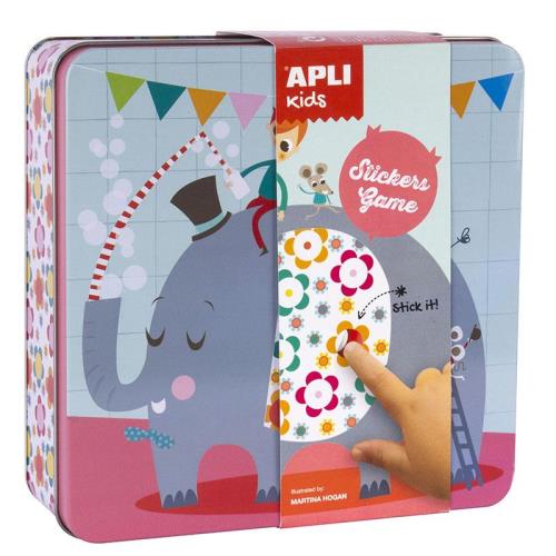 Apli Kids Juego de Gomets Elefante - 16 Laminas para Rellenar con Gomets - 10 Hojas de Gomets Removibles de Formas Geometricas - Alto Valor Didactico - Caja Metalica Diseño Exclusivo - Recomendado a Partir de 3 Años