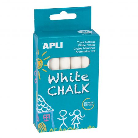 Apli Pack de 10 Tizas Blancas Redondas - Tamaño Ø 9 x 80mm - Bajo en Residuo y sin Polvo - Ideal para Escribir, Dibujar y Colorear en Pizarras y Pavimentos - Uso Escolar