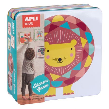Apli Juegos de Gomets Leon - Incluye 16 Laminas y 14 Hojas de Gomets Removibles - Estimula la Psicomotricidad Fina y el Pensamiento Matematico - Caja Metalica Exclusiva Apli Kids - Colorido Diseño Leon