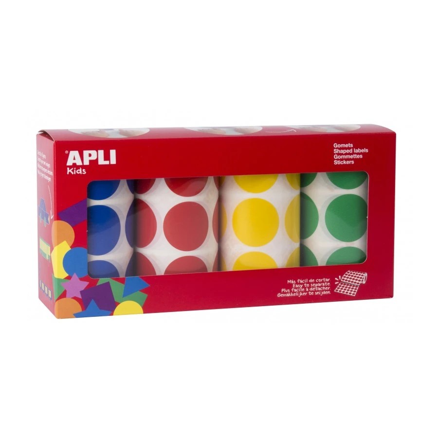 Apli Gomets Redondos Ø 33mm - Pack de 4 Rollos con 2832 Gomets - Adhesivo Permanente - Ideal para Desarrollar Habilidades en Guarderias