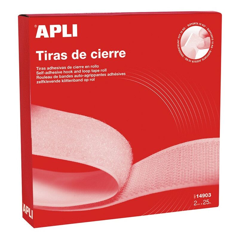 Apli Cinta de Velcro 20 mm x 25 m - Extrafuerte - Resistencia hasta 10Kg - Color Blanco