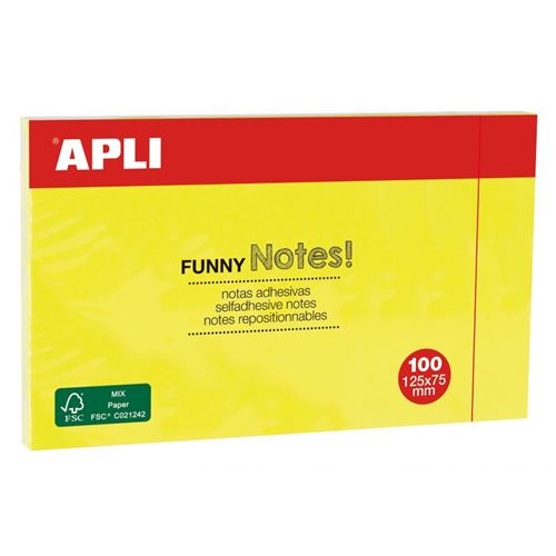 Apli Notas Adhesivas Funny 125x75mm - Bloc de 100 Hojas - Divertidos Diseños - Adhesivo de Calidad - Amarillo Fluorescente