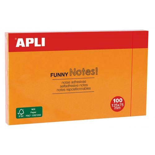 Apli Notas Adhesivas Funny 125x75mm - Bloc de 100 Hojas - Adhesivo de Calidad - Color Naranja Fluorescente