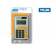 Milan Calculadora de Bolsillo 8 Digitos - 3 Teclas de Memoria y Raiz Cuadrada - Apagado Automatico - Incluye Funda - Color Gris y Naranja