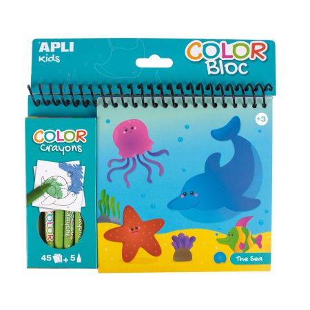 Apli Bloc de Dibujos del Mar con Ceras - Ilustrado por Isabelle Nicolle - 45 Paginas - 5 Ceras de Colores - Ideal para Viajes - Alto Valor Didactico - Estimula Creatividad y Concentracion