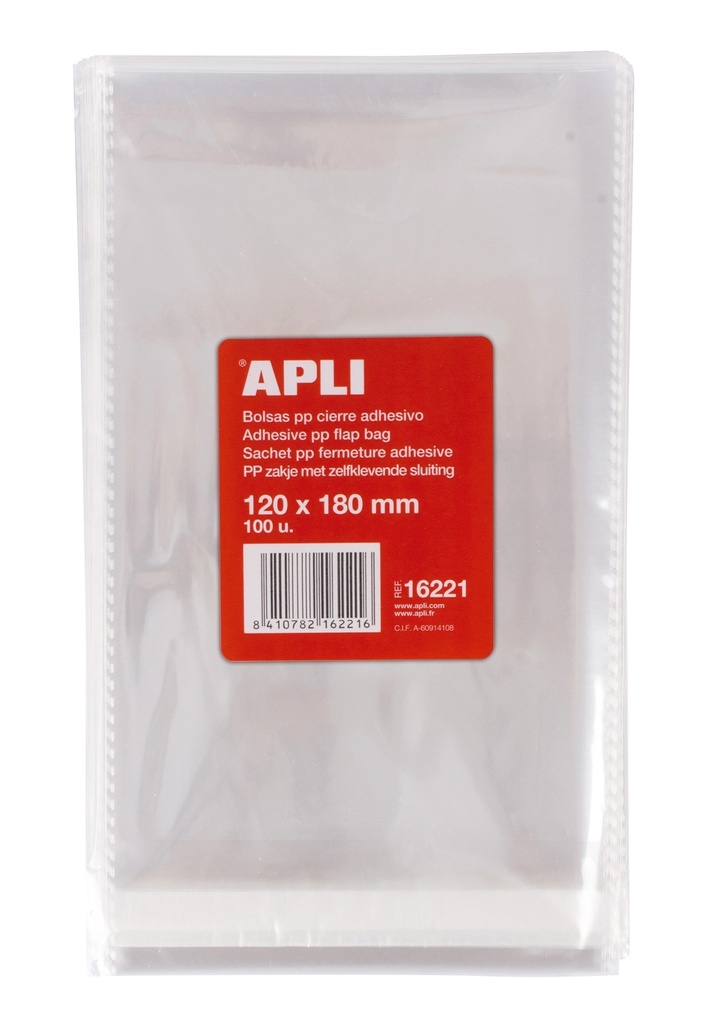 Apli Bolsas Polipropileno Transparente con Cierre Adhesivo - Tamaño 120 x 180mm - Galga 120 - Alta Resistencia y Flexibilidad - Uso Alimenticio