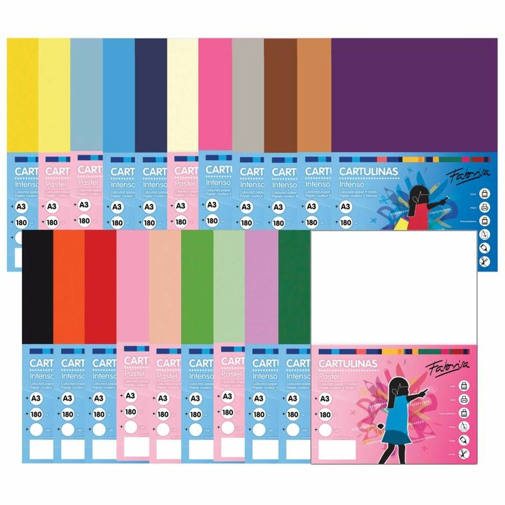 Fabrisa Pack de 50 Cartulinas 180 g/m² - Tamaño A3 - Colores Fuertes Surtidos