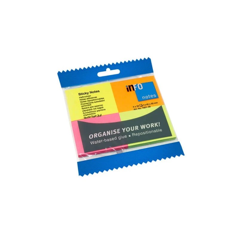 Global Notes inFO Brillant Pack de 4 Blocs de 50 Notas Adhesivas 50 x 40mm - Certificacion FSC? - Colores Amarillo, Naranja, Rosa y Verde