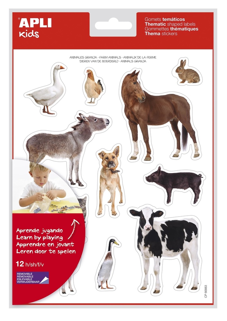 Apli Gomets Tematicos Realistas Animales de la Granja - 144 Gomets en 12 Hojas - Adhesivo Removible - Ideal para Desarrollar Habilidades Motoras - Adhesivo Base Agua - Libre de Disolventes - Gran Surtido Tematico