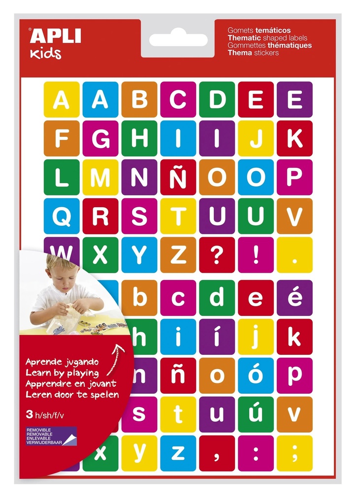 Apli Gomets Tematicos las Letras - 210 Gomets en 3 Hojas - Adhesivo Removible - Ayuda en la Identificacion y Pronunciacion de Letras - Adhesivo Base Agua - Libre de Disolventes - Color Variado