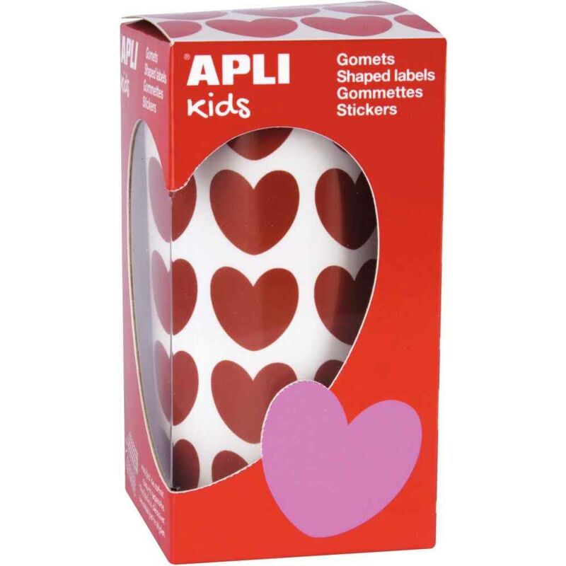 Apli Rollo de Gomets Corazon - Adhesivo Permanente - 900 Gomets - Fomenta Creatividad y Psicomotricidad - Adhesivo Base Agua - Libre de Disolventes - Color Rojo