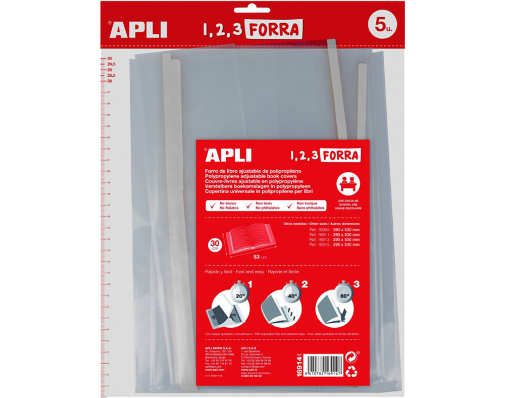 Apli Pack de 5 Forros para Libros 300mm de Polipropileno 75 micras - Solapa Autoajustable - Facil Forrado en 3 Pasos - Sin Necesidad de Cortar ni Usar Cinta Adhesiva - Transparente