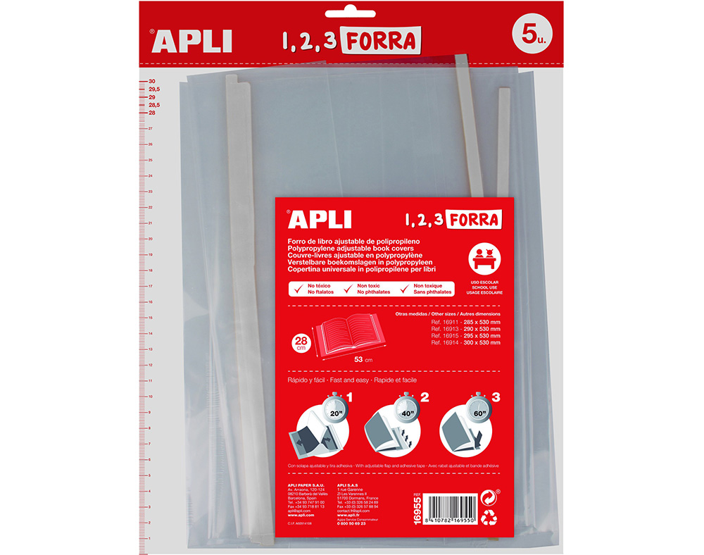 Apli Pack de 5 Forros para Libros 280mm de Polipropileno 75 micras - Solapa Autoajustable - Facil Forrado en 3 Pasos - Sin Necesidad de Cortar ni Usar Cinta Adhesiva - Transparente