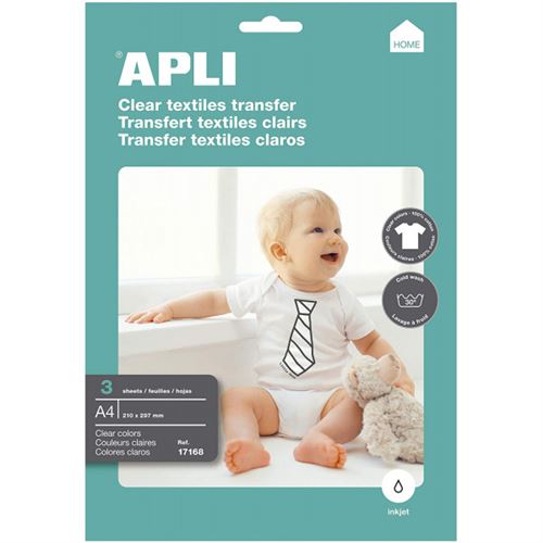 Apli Pack de 3 Hojas de Papel Transfer para Impresoras Inkjet - Ideal para Prendas Blancas y 100% Algodon - Facil Aplicacion y Lavado en Agua Fria