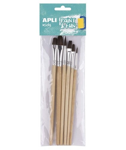 Apli Pack de 6 Pinceles de Madera para Niños - Punta Redonda - Cerdas de Caballo - Fomenta Creatividad y Colaboracion
