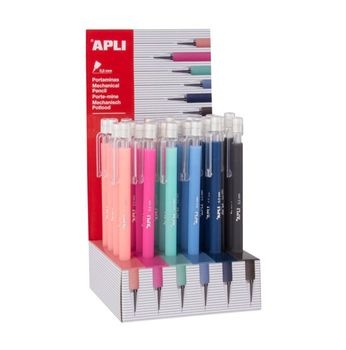 Apli Expositor Portaminas Soft Nordik 0.5mm - Colores Salmon, Rosa, Turquesa, Azul, Azul Marino y Negro - Capuchon con Tapon Transparente y Goma de Borrar - Colores Surtidos