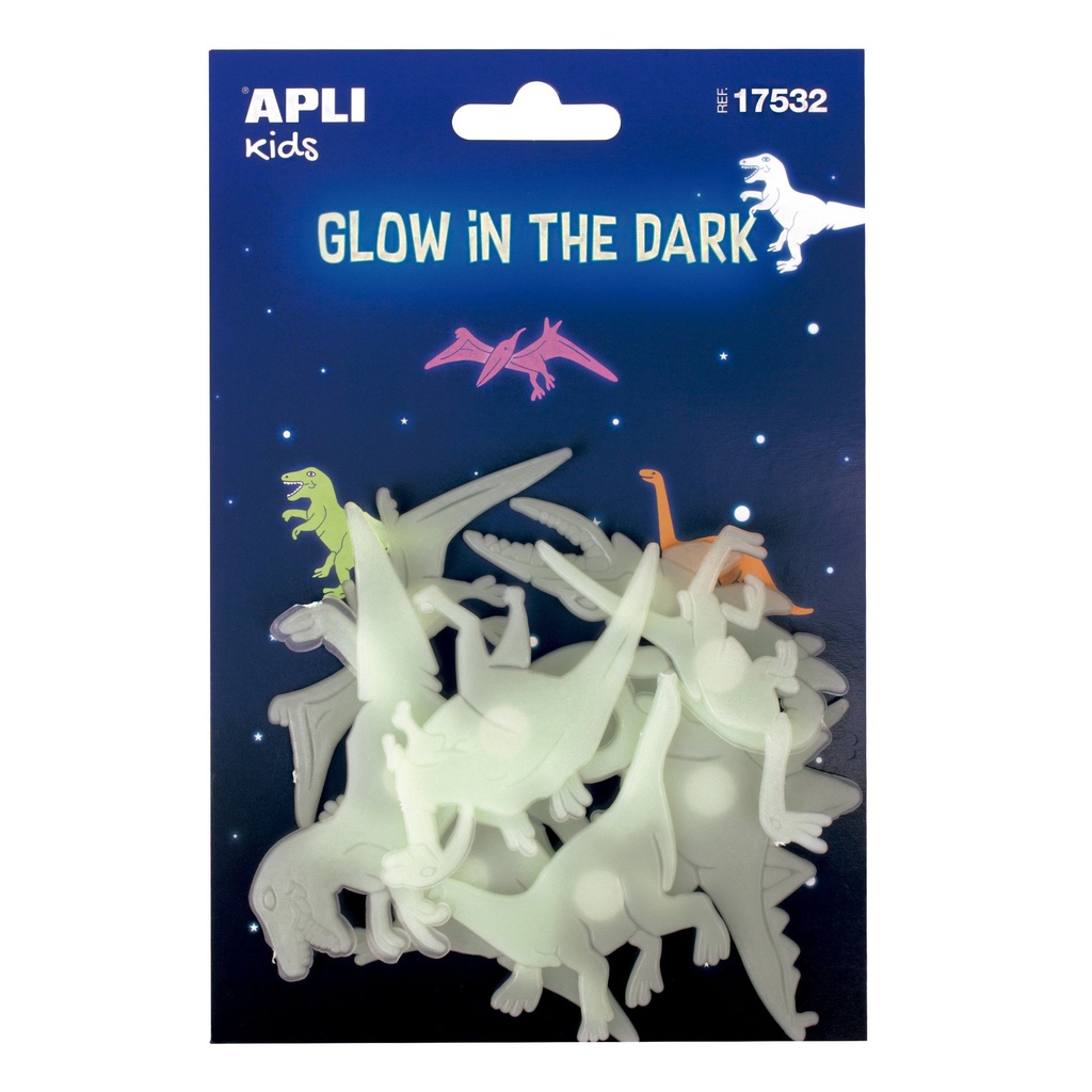 Apli Dinosaurios Luminiscentes 3D - Plastico Solido - Brillan en la Oscuridad - Adhesivo Permanente - Decoracion Versatil