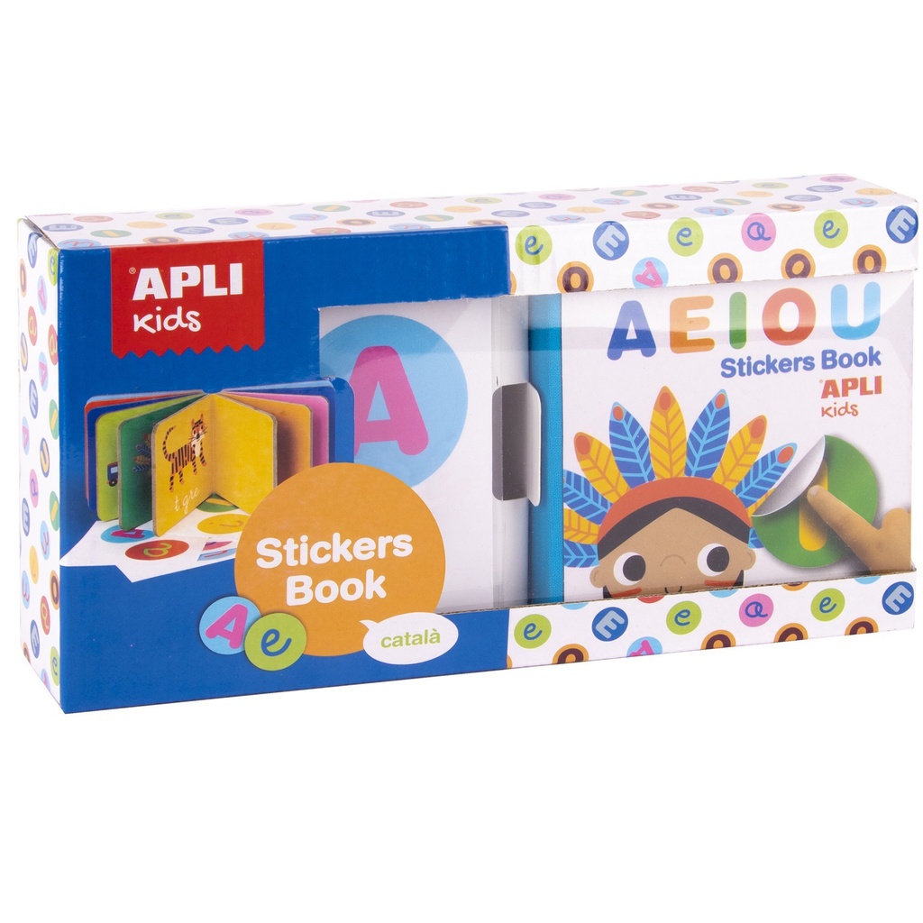 Apli Libro de Pegatinas Educativo Vocales - Tamaño 100x100x40 - 10 Paginas de Carton Rigido de 3mm - 5 Hojas de Gomets Removibles - Diseño Infantil con Ilustraciones Coloridas y Divertidas - Resistente y Facil de Manejar