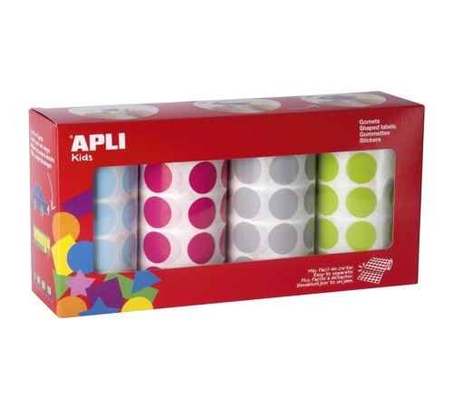 Apli Pack de 4 Rollos de Gomets Redondos Ø 20mm - 1770 Gomets por Rollo - Adhesivo Permanente - 7080 Gomets en Total - Ideales para Escuelas Infantiles - Colores Azul Claro, Fucsia, Gris y Verde Claro