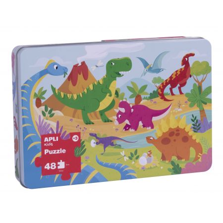 Apli Kids Puzle Dinosaurios - 48 Piezas de 5.5x6cm - Caja Metalica Rectangular - Diseño Exclusivo Infantil, Colorido, Claro y Simple - Piezas Resistentes y Seguras - Grosor de 2mm con Acabado Brillante E Indiana en el Dorso
