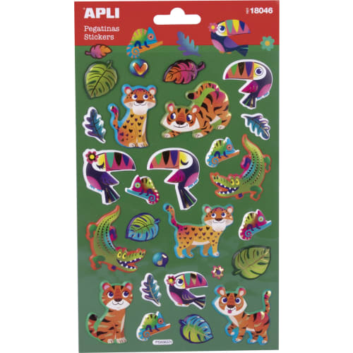Apli Bolsa de Pegatinas Animales de la Selva - Acabado Metalizado - Adhesivo Permanente - Ideal para Scrapbooking y Decoracion - Estimula Creatividad y Psicomotricidad Infantil