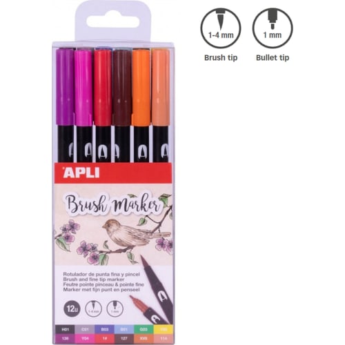 Apli Brush Marker Pack de 12 Rotuladores Acuarelables de Doble Punta - Punta Pincel de 1-4mm y Punta Redonda de 1mm - Tinta Base de Agua Inodora y No Toxica - Colores Surtidos