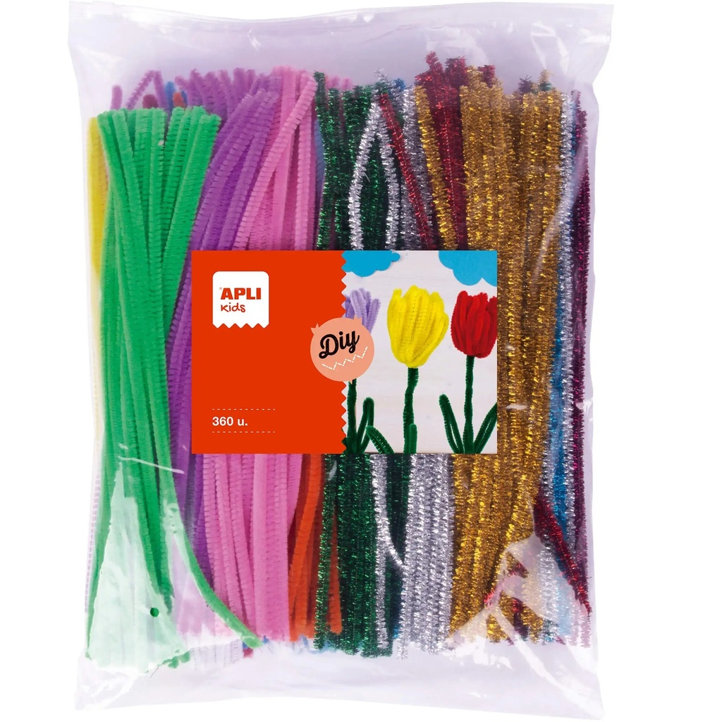Apli Limpiapipas para Manualidades MAXI - Flexibles - Suaves - Tupidos - Facil Manipulacion - Bolsa Zip Mejorada - 360 Unidades - Colores Surtidos