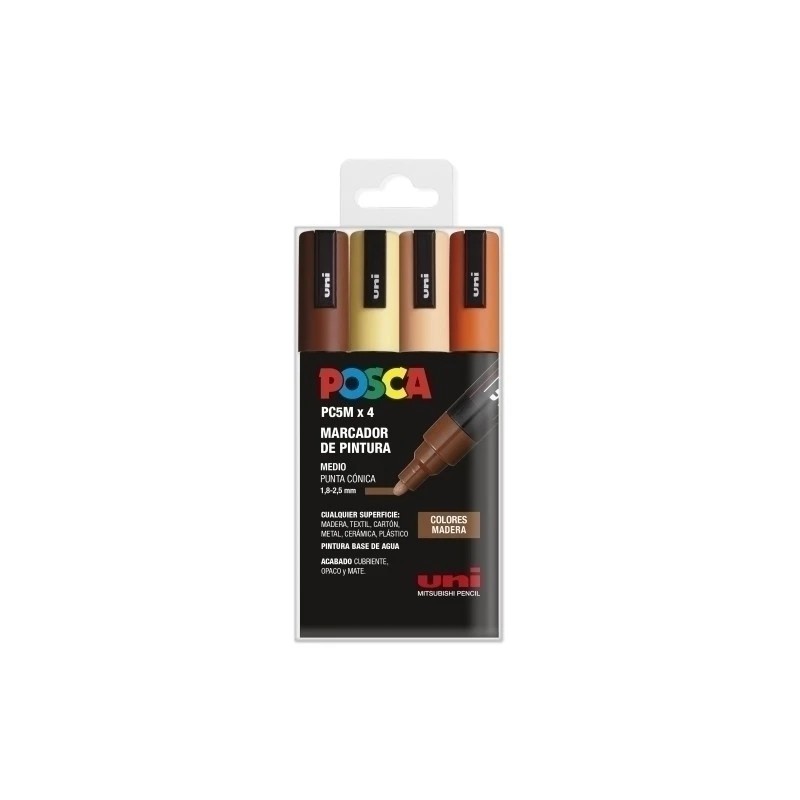 Posca PC-5M Estuche de 4 Marcadores de Pintura - Punta de Bala 1.8-2.5mm - Tinta Base al Agua - Resistente a la Luz - No Permanente - Color Surtido
