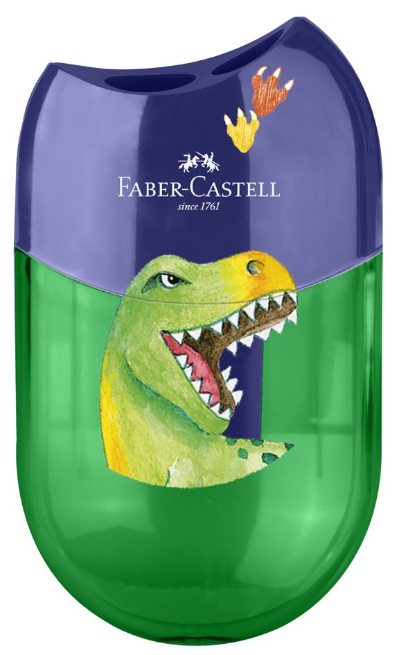 Faber-Castell Dinosaurio Sacapuntas de 2 Orificios con Deposito - Diseño Atractivo de Dinosaurio - Color Verde/Azul