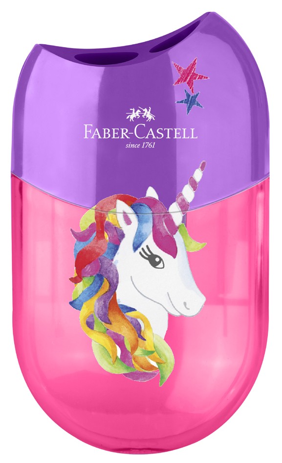 Faber-Castell Unicornio Sacapuntas de 2 Orificios con Deposito - Diseño Atractivo de Unicornio - Color Rosa/Violeta