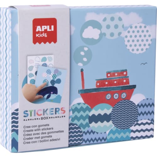 Apli Kids Juego de Gomets Barco - 8 Laminas Ilustradas de 200G - 8 Hojas de Gomets Removibles Geometricos - Libro Guia con Ejemplos - Alto Valor Didactico - Caja de Carton con Diseño Exclusivo