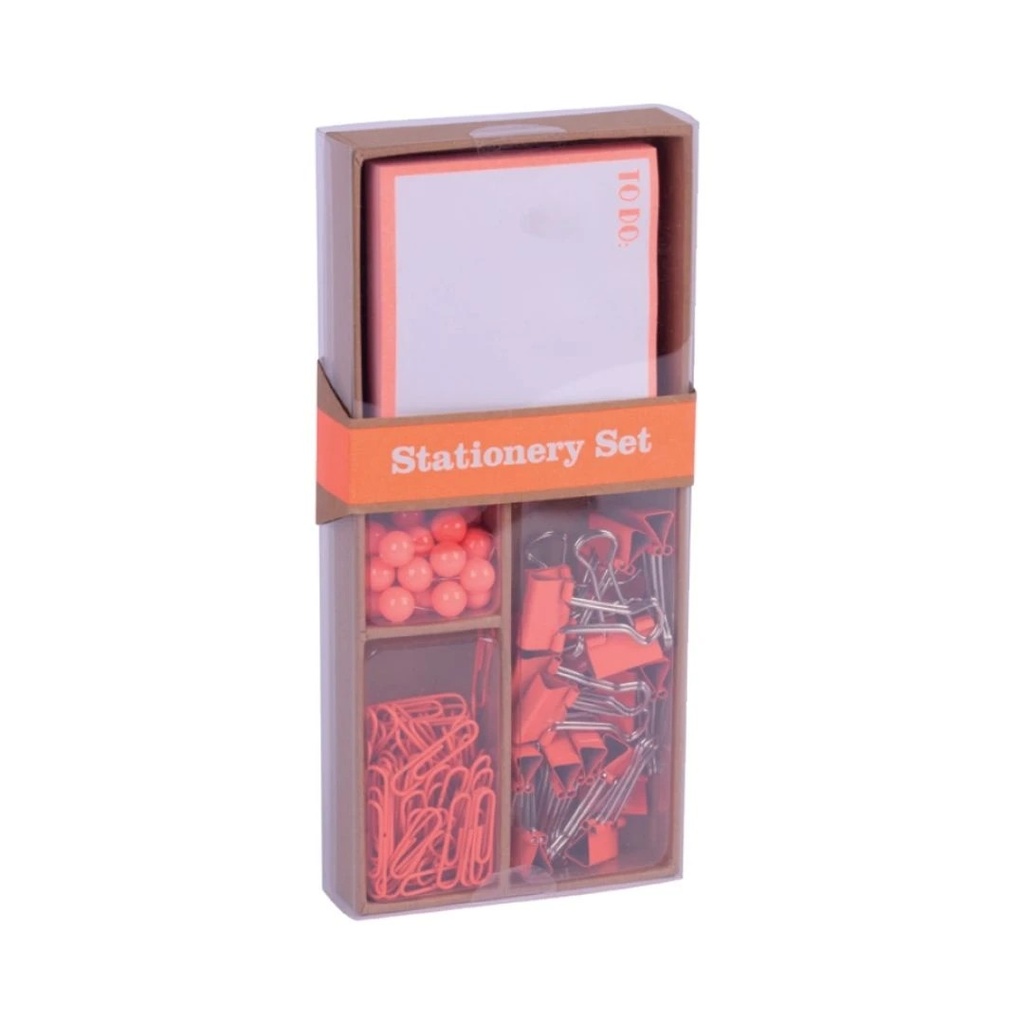 Apli Fluor Collection Set de Oficina - 25 Pins, 80 Clips de 28mm, 20 Pinzas Abatibles de 19mm y Notas Adhesivas de 100 Hojas en Naranja Fluor - Diseño Moderno y Llamativo - Producto Reposicionable para Expositor 17684