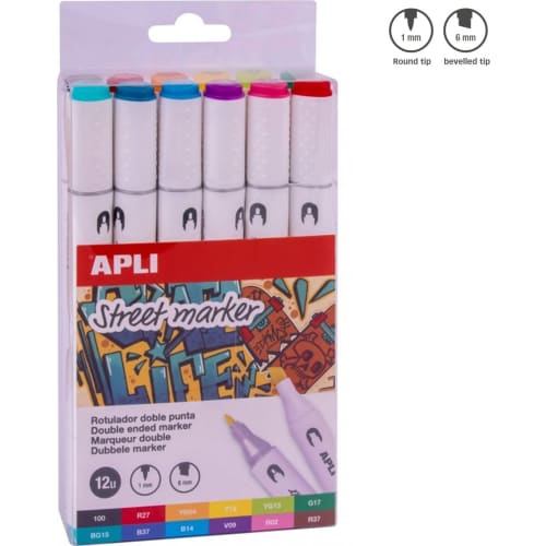 Apli Street Marker Rotuladores de Doble Punta - Punta Redonda de 1mm y Biselada de 6mm - Tinta de Base Alcohol - 12 Colores Surtidos