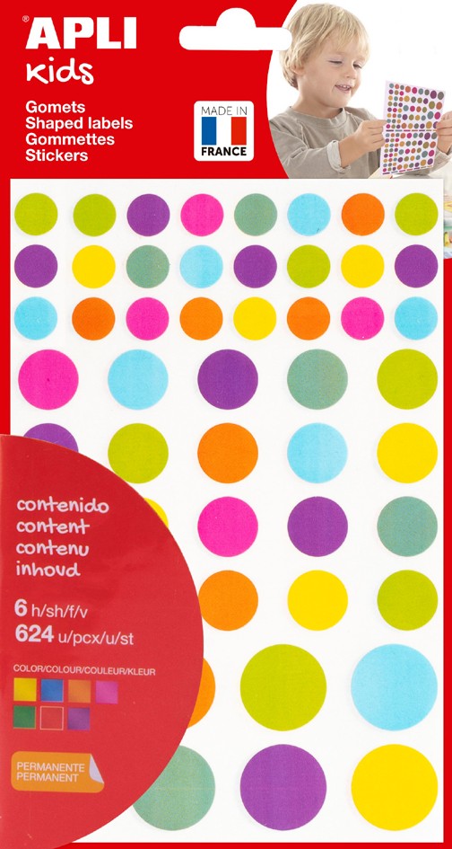 Apli Gomets Redondos Adhesivo Removible - Ø 10mm, Ø 14mm y Ø 20mm - 624 Gomets por Bolsa - Desarrollo de Habilidades y Creatividad - Adhesivo Base Agua - Libre de Disolventes - Colores Surtidos