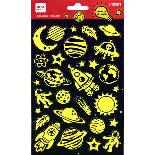 Apli Bolsa de Pegatinas Espacio - Luminiscentes - Adhesivo Permanente - Ideal para Scrapbooking y Decoracion - Estimula Creatividad Infantil