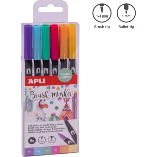 Apli Brush Marker Pack de 6 Rotuladores Acuarelables de Doble Punta - Punta Pincel de 1-4mm y Punta Redonda de 1mm - Tinta Base de Agua Inodora y No Toxica - Colores Pastel Surtidos