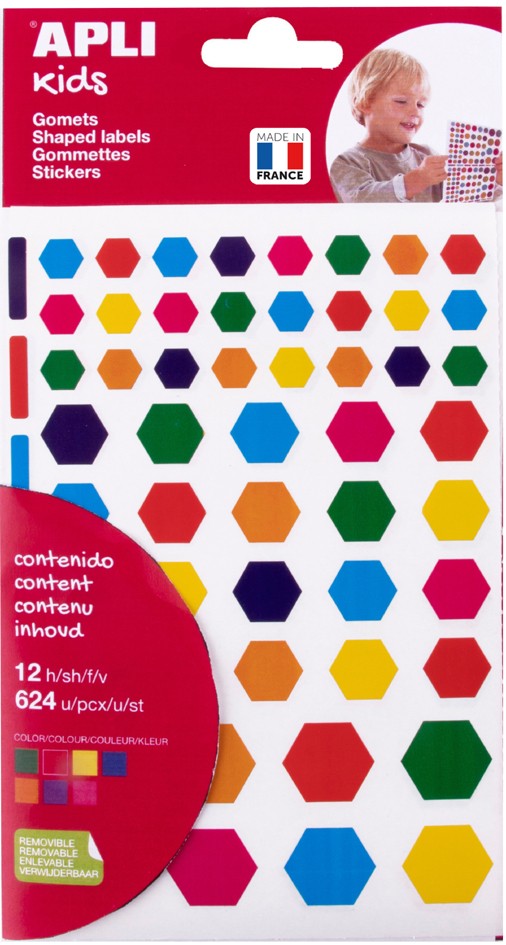 Apli Gomets Hexagonales Removibles - 3 Tamaños Surtidos - 624 Gomets por Bolsa - Desarrollo de Habilidades y Creatividad - Colores: Verde, Amarillo, Lila, Rojo, Naranja, Rosa y Azul