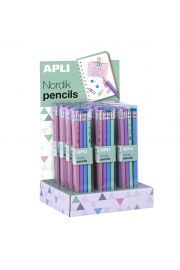 Apli Nordik Collection Expositor de 12 Packs de 8 Lapices de Grafito HB 2mm con Goma de Borrar - Colores Rosa, Lila, Turquesa y Verde