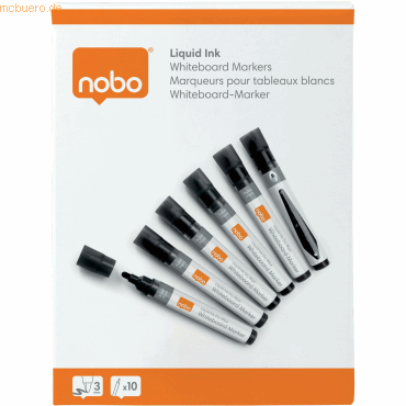 Nobo Pack de 10 Rotuladores para Pizarra Blanca - Punta Redonda 3mm - Tinta Liquida - Ventana para Ver el Nivel de Tinta - Color Negro