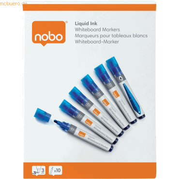 Nobo Pack de 10 Rotuladores para Pizarra Blanca - Punta Redonda 3mm - Tinta Liquida - Ventana para Ver el Nivel de Tinta - Color Azul