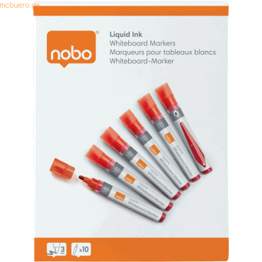 Nobo Pack de 10 Rotuladores para Pizarra Blanca - Punta Redonda 3mm - Tinta Liquida - Ventana para Ver el Nivel de Tinta - Color Rojo