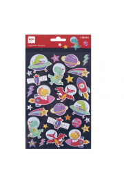 Apli Bolsa de Pegatinas Dinosaurios en el Espacio - Relieve y Detalles Metalizados - Adhesivo Permanente - Estimula Creatividad y Psicomotricidad Fina