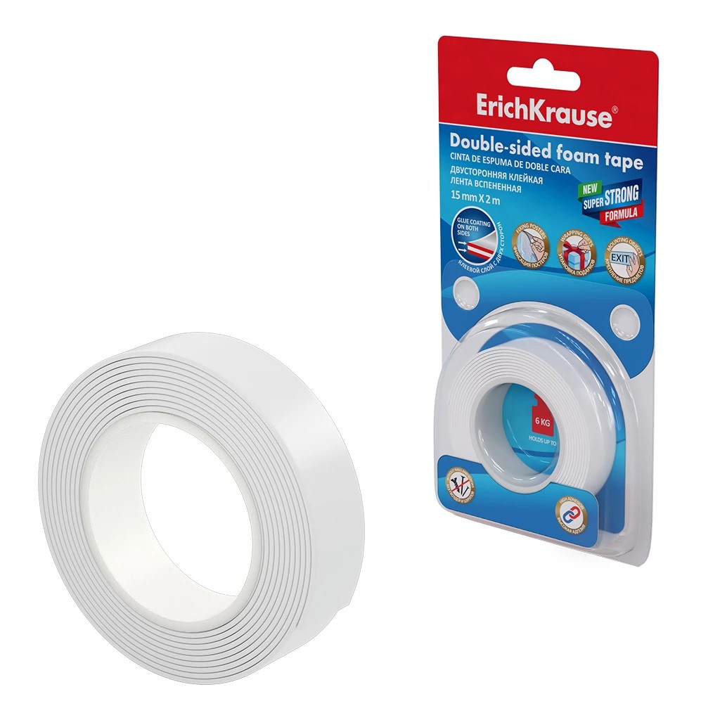Erichkrause Cinta Adhesiva de Espuma Doble Cara 15mmx1mmx2m - Alta Adherencia - Color Blanco