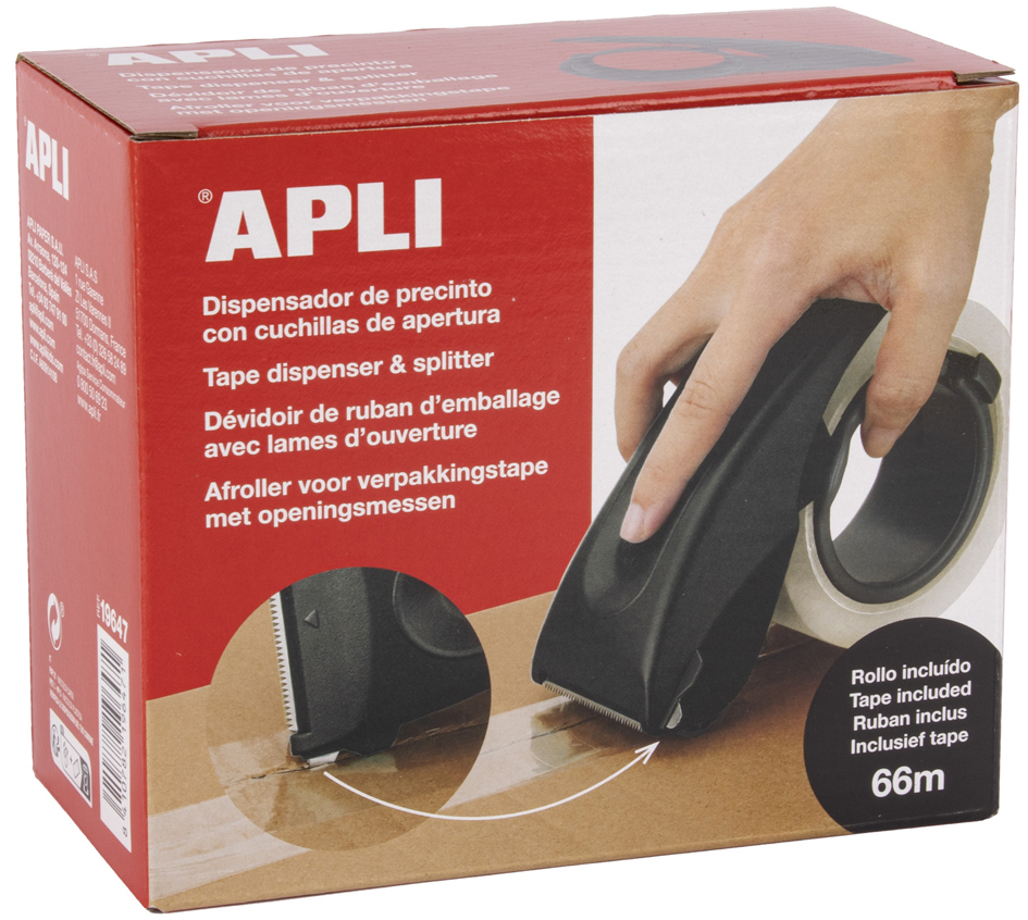 Apli Dispensador de Precinto Multifuncional - Cuchilla Incorporada - Diseño Ergonomico - Material ABS de Alta Calidad - Robusto y Duradero - Incluye Rollo de Precinto de 66 m - Color Negro