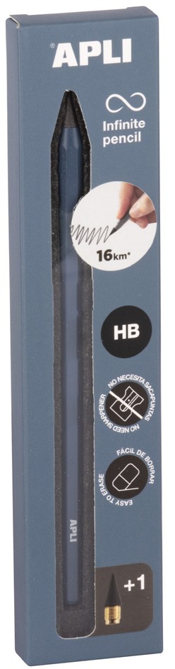 Apli Infinite Pencil Pack de Lapiz Infinito HB + Mina de Recambio + Tapon Protector - Para Escribir hasta 16km - Color Azul