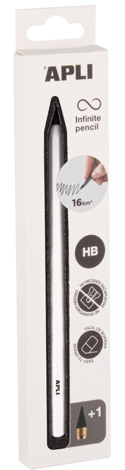 Apli Infinite Pencil Pack de Lapiz Infinito HB + Mina de Recambio + Tapon Protector - Para Escribir hasta 16km - Color Blanco