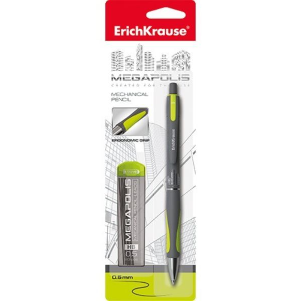 Erichkrause Megapolis Concept - Portaminas con 20 Minas 05mm - Carcasa Redonda y Brillante - Zona de Agarre Ergonomica - Color Neon